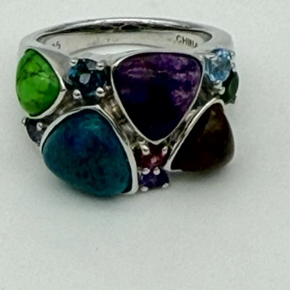 Vtg Lorenzo Sterling Silver Multi Gemstone Ring Turquoise Chrome Diopside QVC S7